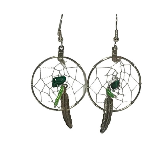 Handmade Jewelry - Handmade Artisanal Dream Catcher Earrings Native Style Malachite Sterling Silver